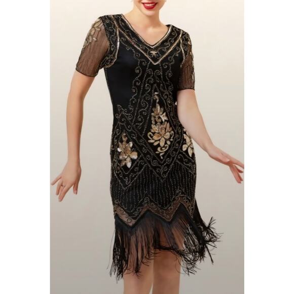 FUNDAISY Black Beaded Fringed Flapper Gatsby Dress Large Halloween Costume EUC - Picture 1 of 11